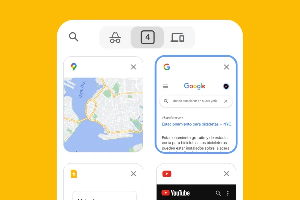 Un navegador para dispositivos móviles carga pestañas de un navegador para computadoras, incluida información sobre el estacionamiento en Nueva York y Google Maps.