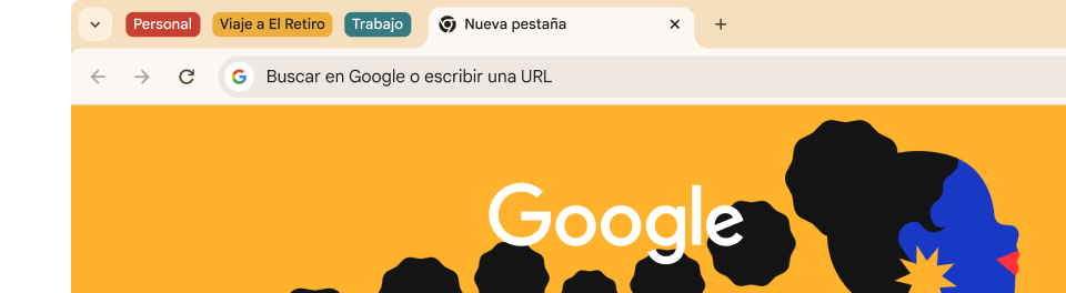 Una interfaz de usuario de navegador muestra tres grupos de pestañas: Personal, Viaje a Arches y Trabajo.