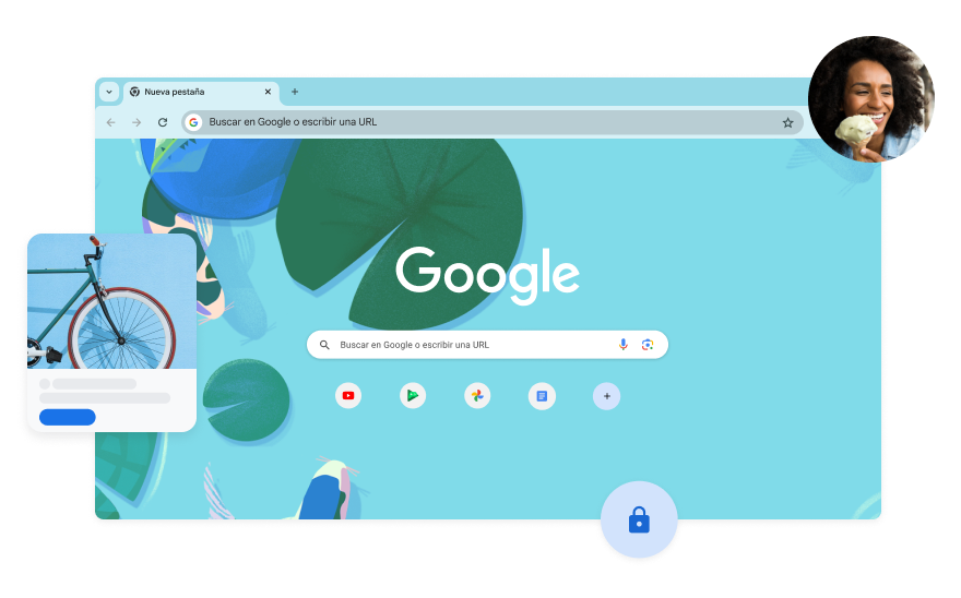 El fondo de la página de búsqueda de Google muestra una ilustración azul de un pez en un estanque koi. Se muestra una foto de una mujer en una esquina.