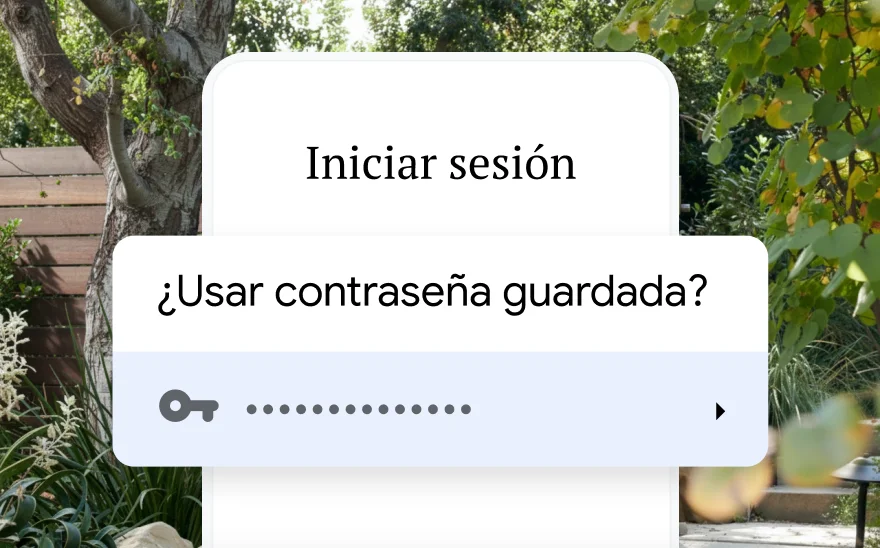 Un página de inicio de sesión para reservar un viaje que solicita usar una contraseña guardada. De fondo, se muestra una escena de la naturaleza.