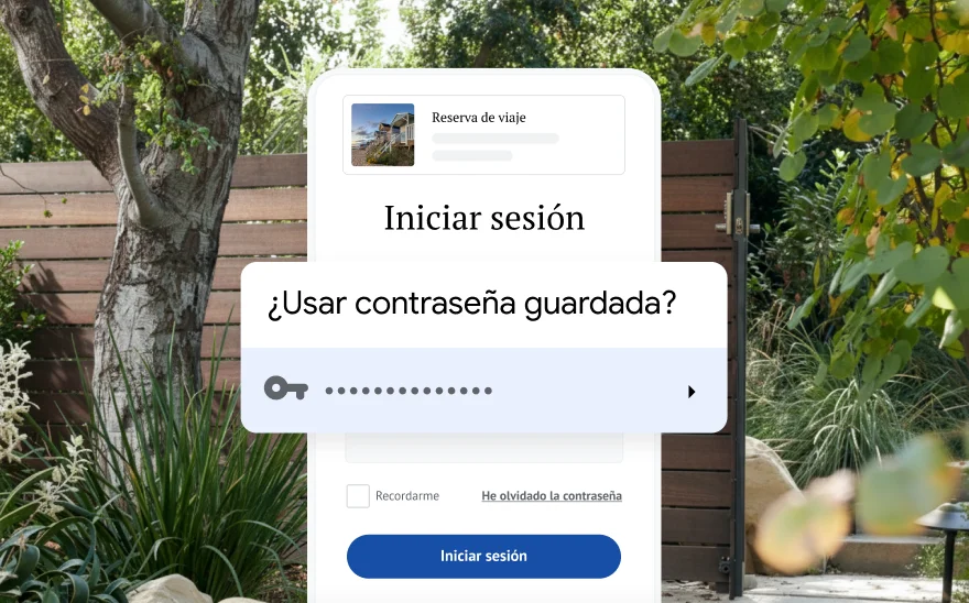 Un página de inicio de sesión para reservar un viaje que solicita usar una contraseña guardada. De fondo, se muestra una escena de la naturaleza.