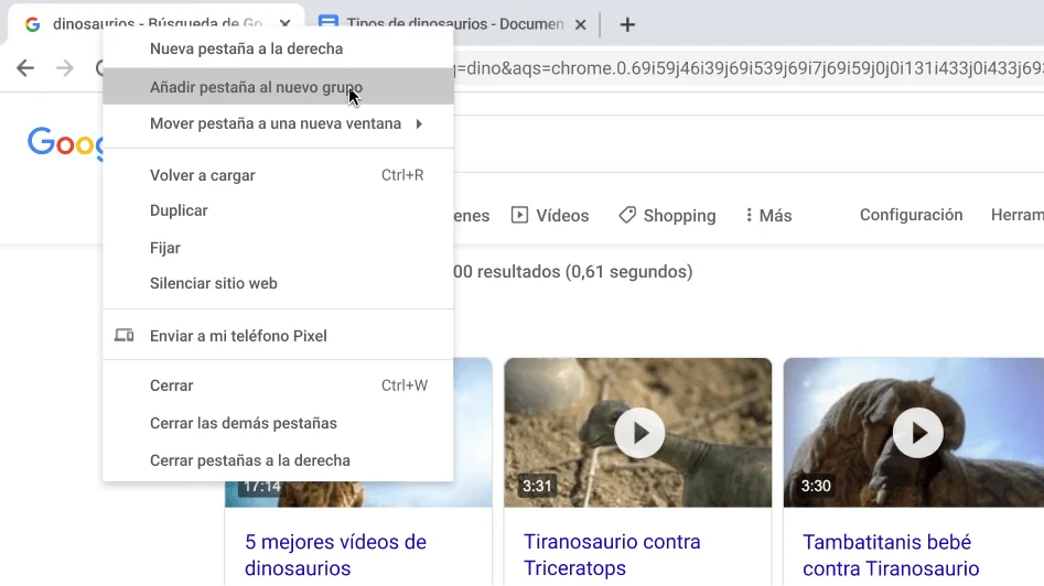 Ventana del navegador Chrome con un cuadro de diálogo donde se muestra la creación de un nuevo grupo de pestañas.